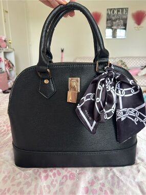 ALDO Black Satchel with Chain-Print Scarf Accent